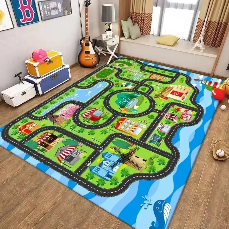 VIKAMA Auto-Spielteppich Stadtplan-Spielmatte Kinderteppich Rutschfest Leicht zu Reinigen für Schlafzimmer Klassenzimmer Heim-Dekoration