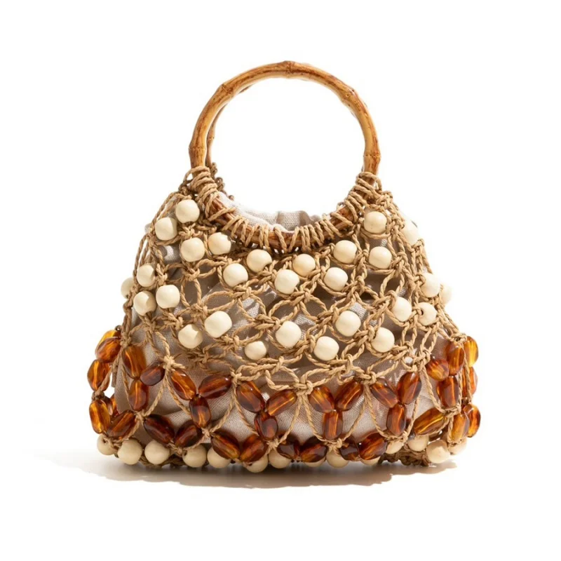 Nuova Borsa Intrecciata a Mano con Perline 2026, Borsa da Donna con Decorazione a Conchiglia Traforata, Borsa a Mano in Bambù, Borsa da Spiaggia Estiva in Paglia Intrecciata