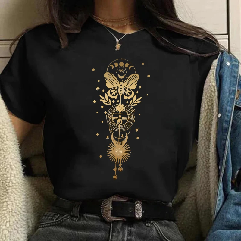 Gothic Retro 90er Jahre Mond und Schmetterling Harajuku 90er Jahre Damen T-Shirt Mädchen Cartoon Grafik Damen T-Shirt Lässiges Damen-Shirt Tee Shirt Image