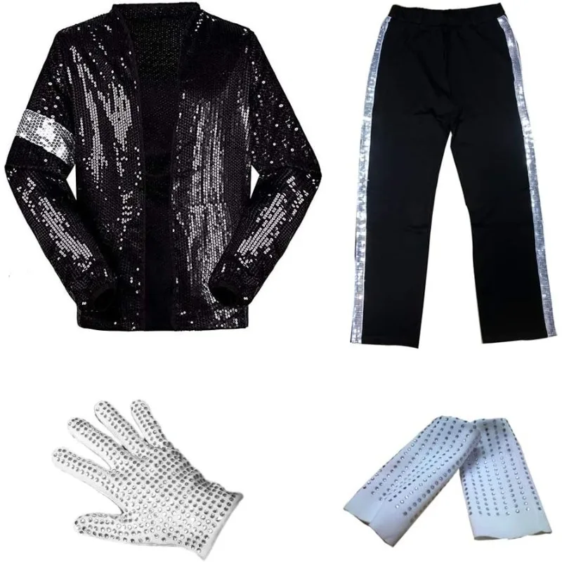 Professionelles 5-teiliges Cosplay-Kostüm für Herren und Kinder, Halloween-Kostüm, T-Shirt + Jacke + Hose + Handschuhe + Leggings, 80er-Jahre-Hip-Hop-Bühnenoutfits