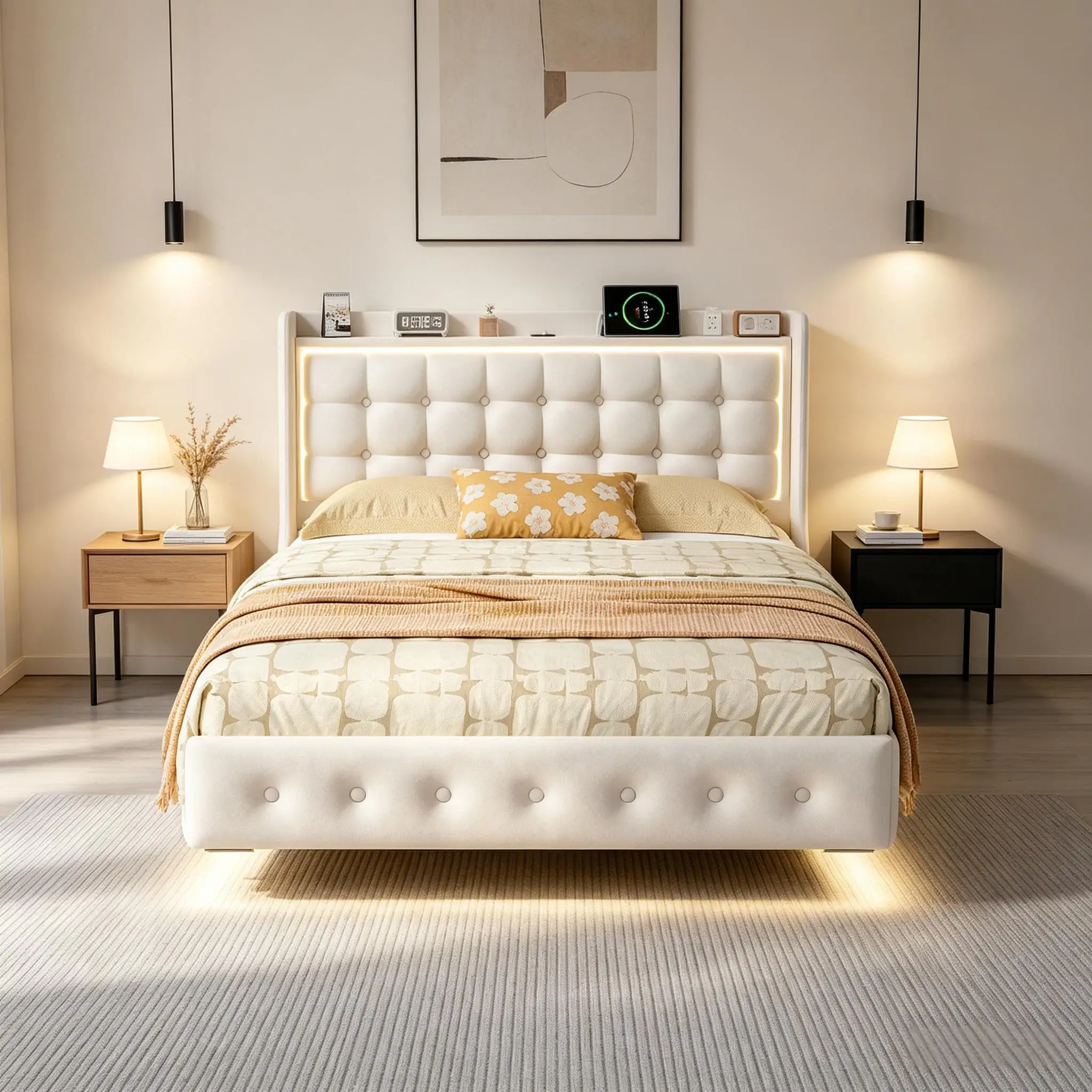 Polsterbett 160x200 cm Schwebebett, Bett mit LED Beleuchtung und USB, Modern Doppelbett Bettgestell mit Lattenrost, Schwebender visueller Effekt, Samt, Weiß, Ohne Matratze, Weiß Image