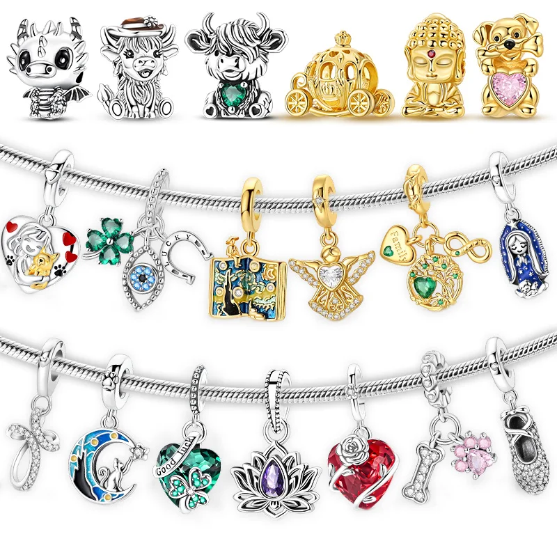 925 Sterling Silber Charms Perlen für Armbänder DIY Goldener Tathagata Buddha Lotus Highland Cattle Anhänger für Damen-Schmuck