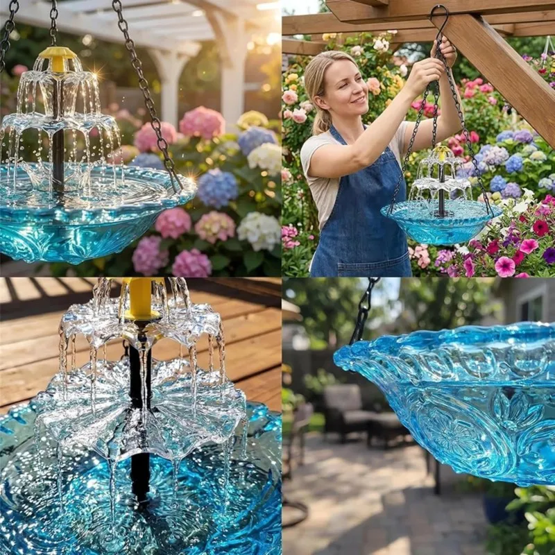 AB34-Solar-Kaskaden-Vogelbadbrunnen, Hängendes Vogelbad mit Solarbrunnen für Gartendekoration im Freien, Terrasse und Hinterhof