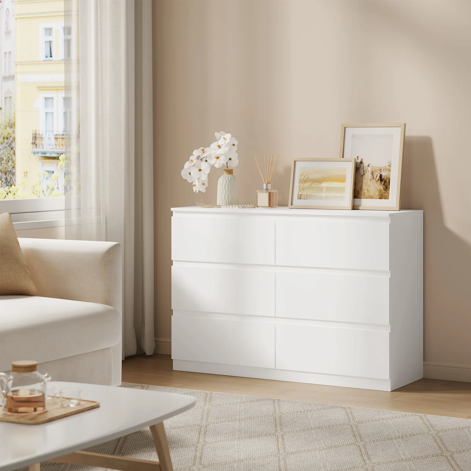 WOLTU Schlafzimmer-Kommode mit 6 Schubladen, 100 x 69 x 36 cm, Aufbewahrungsschrank, weißes Sideboard, Kommode für Wohnzimmer, Flur Image