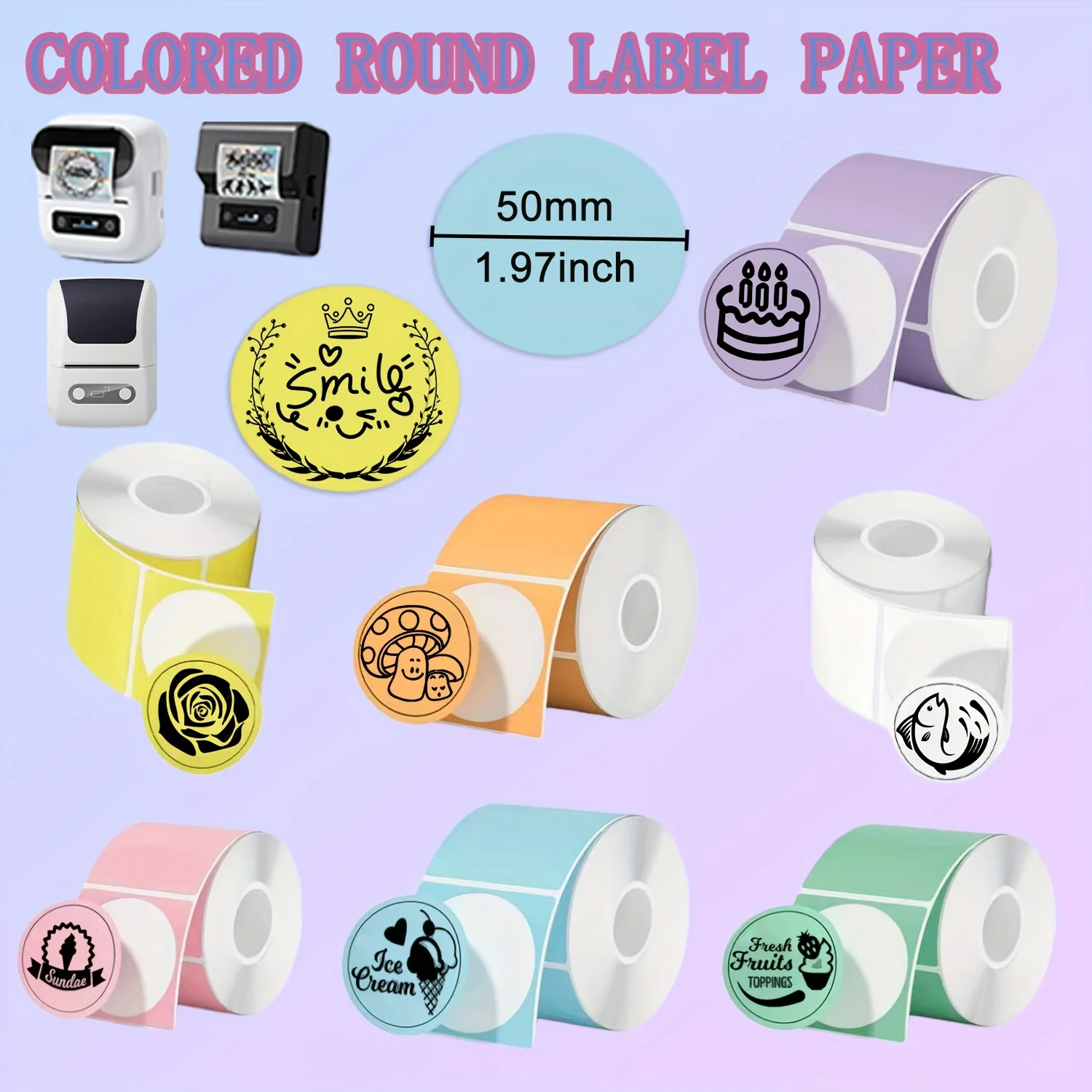 Farbige runde 50×50mm selbstklebende Thermoetiketten, 140 Blatt/Rolle, ideal für Büro, Schule, Zuhause & Logodesign-Druck Image