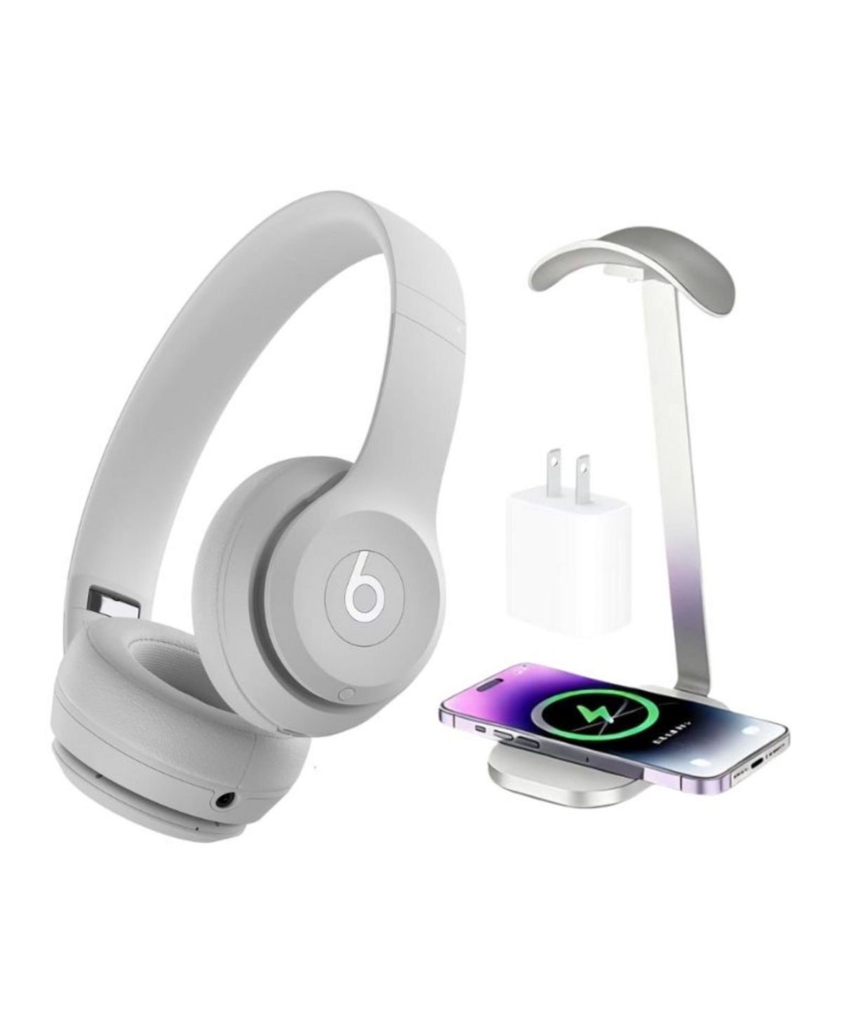 Beats Solo 4 True Wireless On-Ear Headphones + Power Adapter & Headphone Stand/Charging Pad - Drenched Grey