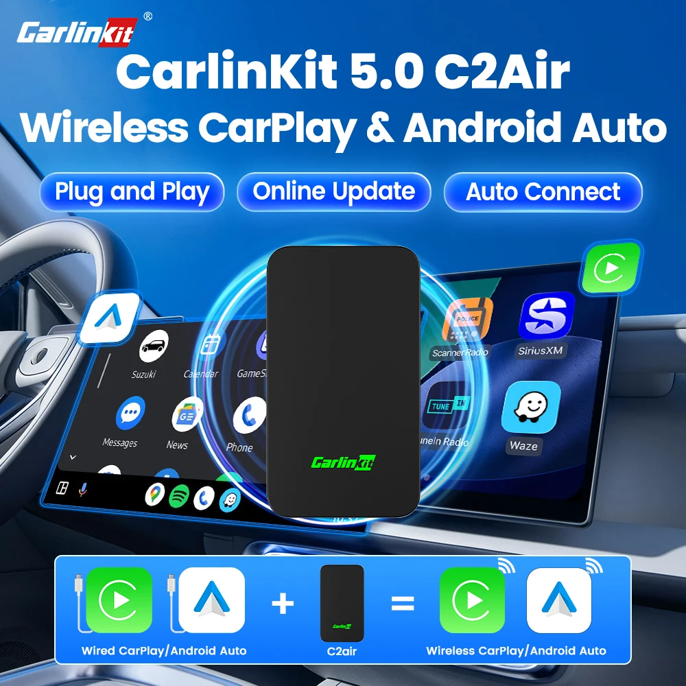 CarlinKit 5.0 C2Air Wireless Adapter Wireless CarPlay Android Auto Plug & Play 2,4 GHz & 5,8 GHz WiFi BT Auto Connection für OEM-Autos Image