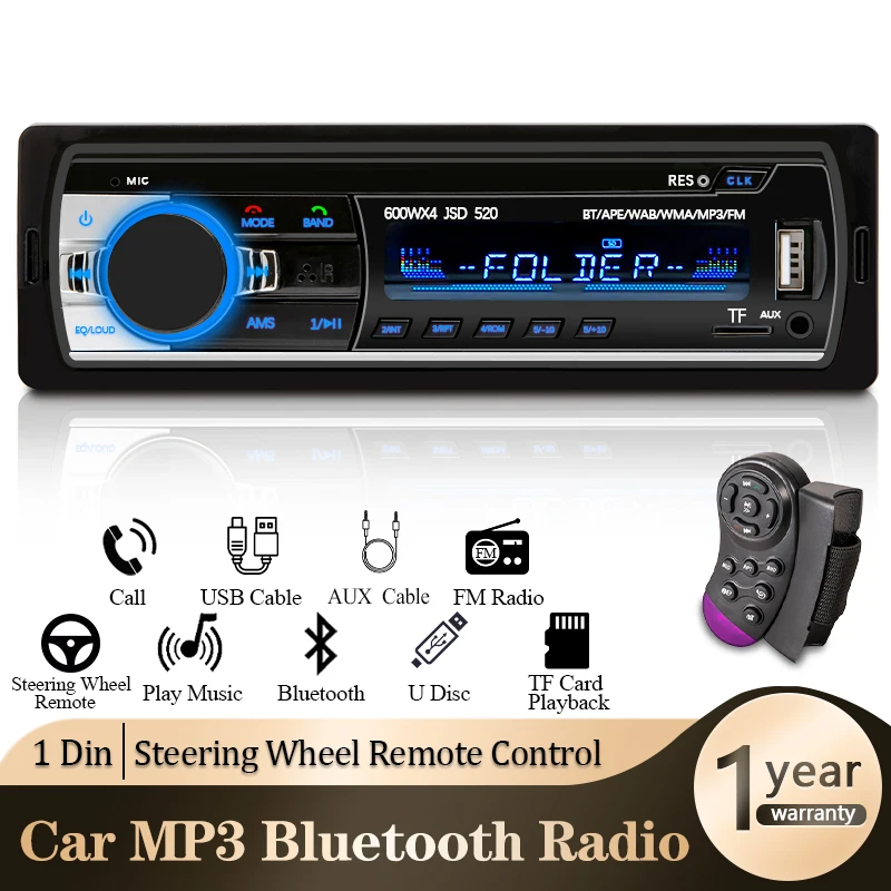 Autoradio 1 DIN Stereo-Player Digitaler Bluetooth-Auto-MP3-Player 60Wx4 FM-Radio Stereo-Audio Musik USB/SD mit In-Dash-AUX-Eingang