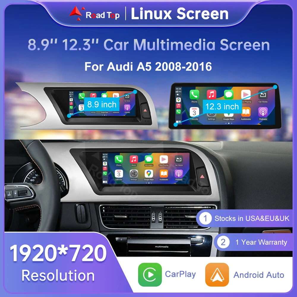 Road Top Radio Multimedia Linux Touchscreen für Audi A5 2008-2016 mit Wireless CarPlay, Android Auto, Airplay und Car Player Funktion Image
