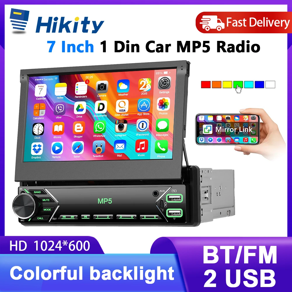 Hikity 7 Zoll 1-DIN ausfahrbarer MP5-Player mit Touchscreen, Mirror Link, Autoradio, Bluetooth, USB, FM-Radio, universelles Smart-Multimedia fürs Auto Image