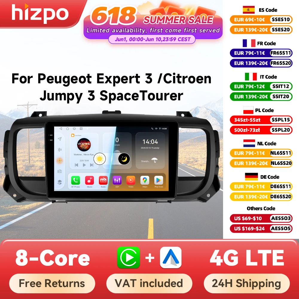 Hizpo Drahtlose CarPlay Android Auto Für Peugeot Expert 3 Citroen Jumpy 3 SpaceTourer 2016 - 2021 Auto Radio Multimedia video GPS Image