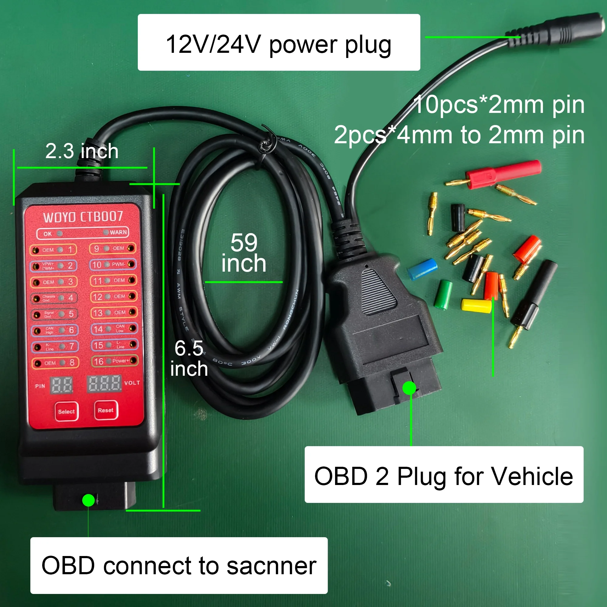 WOYO CTB007 Obd2 Breakout Box mit 27/59in Kabel für Fahrzeug obd 2 Diagnose tool, 12V/24V Dose Tester Box Image