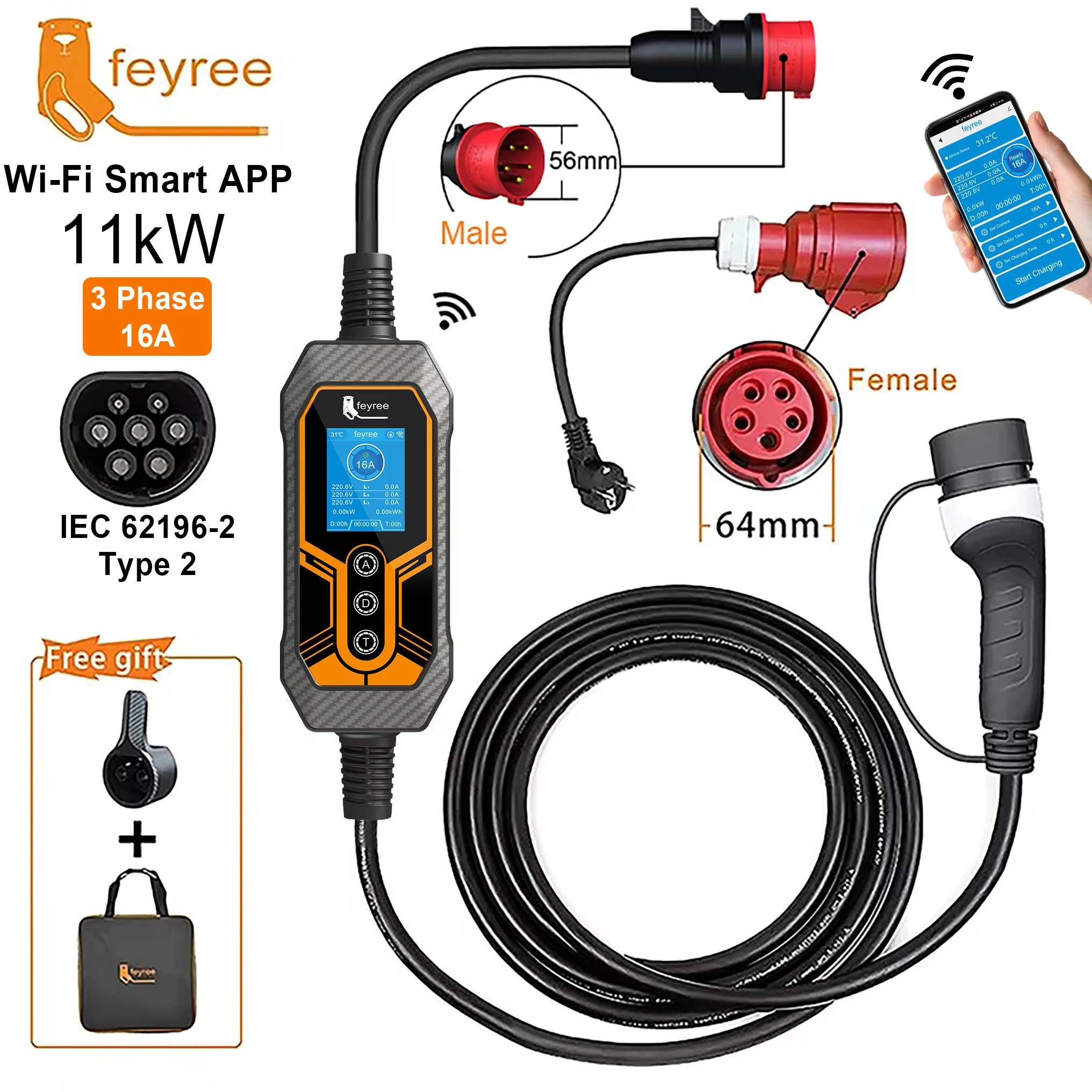 feyree 11kw 16a 3p portable ev charger mit touchscreen app