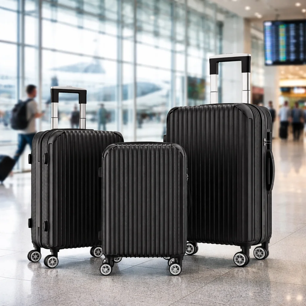Set 3 valigie rigide ABS, trolley viaggio, bagaglio a mano, 4 ruote girevoli 360, M 20 pollici L 24 pollici XL 28 pollici, valigia leggera, serratura combinazione, valigie resistenti, set valigie nero