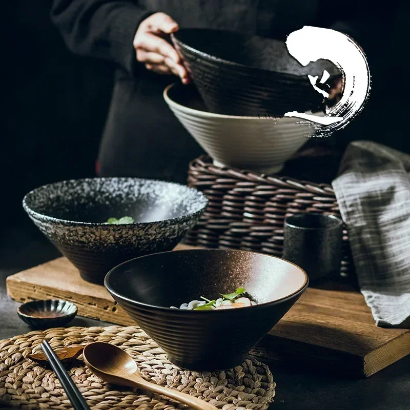 Japanese tableware set, commercial bamboo hat ceramic bowl, household large ramen, rice, noodles, soup bowl