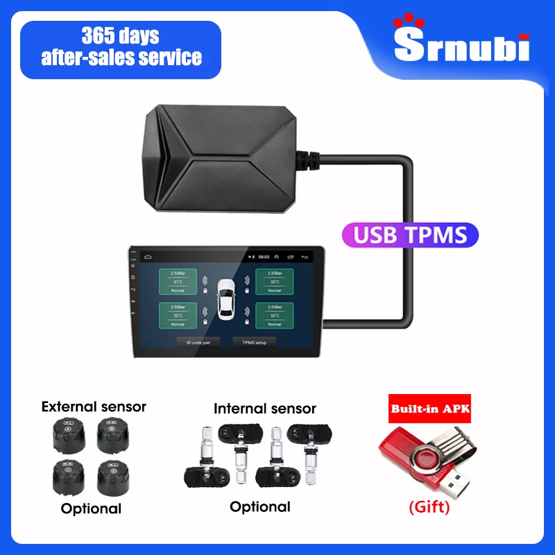 Srnubi Android TPMS für Autoradio, DVD-Player, Reifendruck, Alarmüberwachungssystem, Ersatzreifen, interner externer Sensor, USB-TMPS Image
