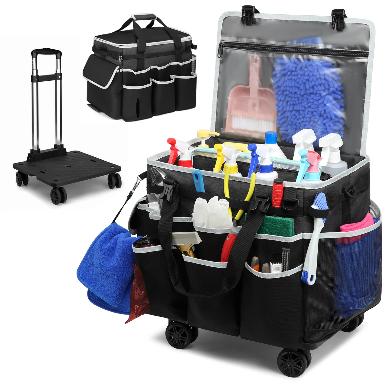 Rolling Cleaning Caddy Bag Werkzeugtasche Reinigungswerkzeuge Aufbewahrungstasche Professionelle tragbare große Reinigungstasche mit Rädern Oxford-Taschen Image
