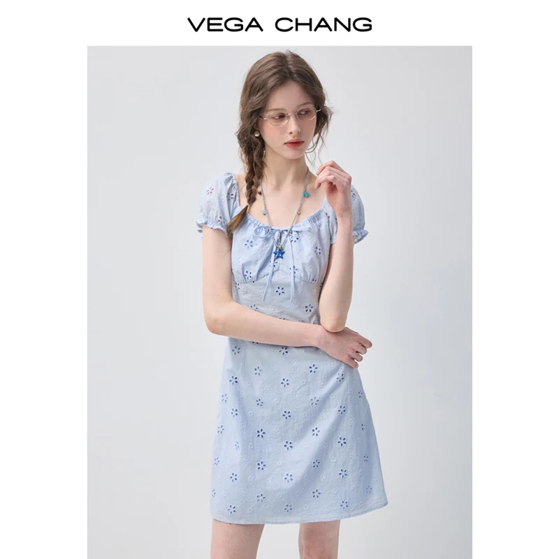 Vega Chang Nuovo Stile Estivo Abito da Donna in Cotone con Ricami Traforati, Collo Quadrato e Maniche a Sbuffo