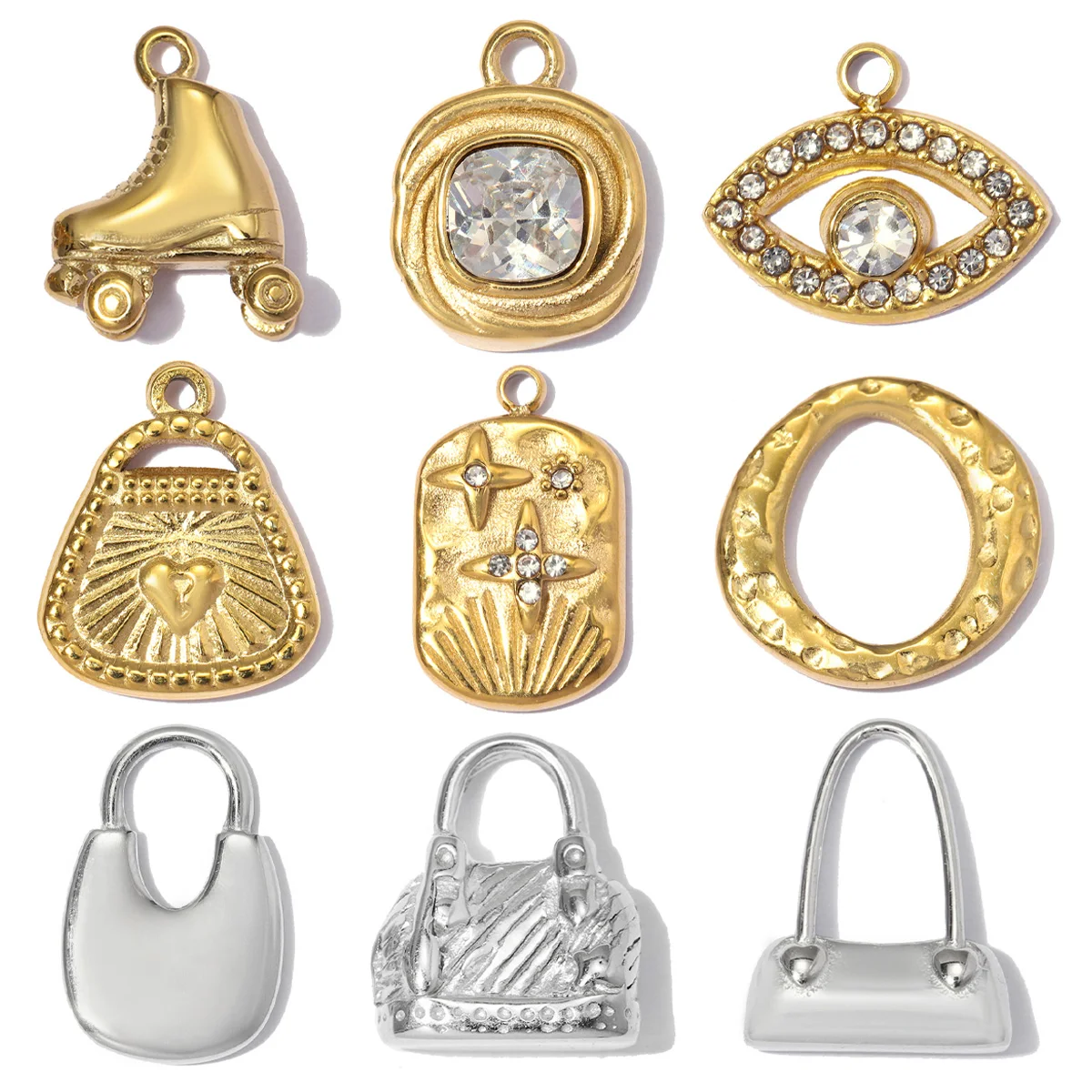 Set da 3 Pezzi in Acciaio Inossidabile: Ciondoli 3D a Forma di Borsa, Stella, Occhio di Allah con Strass, Ciondoli per Collana e Braccialetti Fai da Te, Gioielli a Tema Pattini a Rotelle da Donna