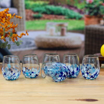 Blue Confetti,'6 Blue and White Spotted Handblown Stemless Wine Glasses'