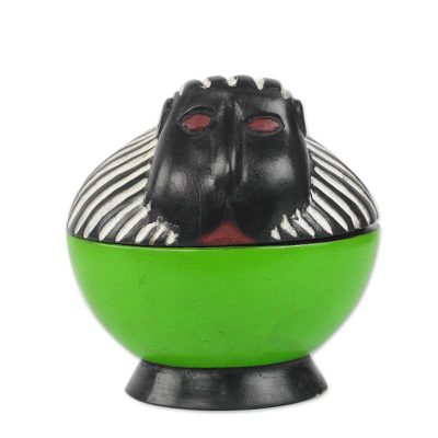 Monkey Keeper,'Handcrafted Sese Wood Monkey Decorative Jar from Ghana'