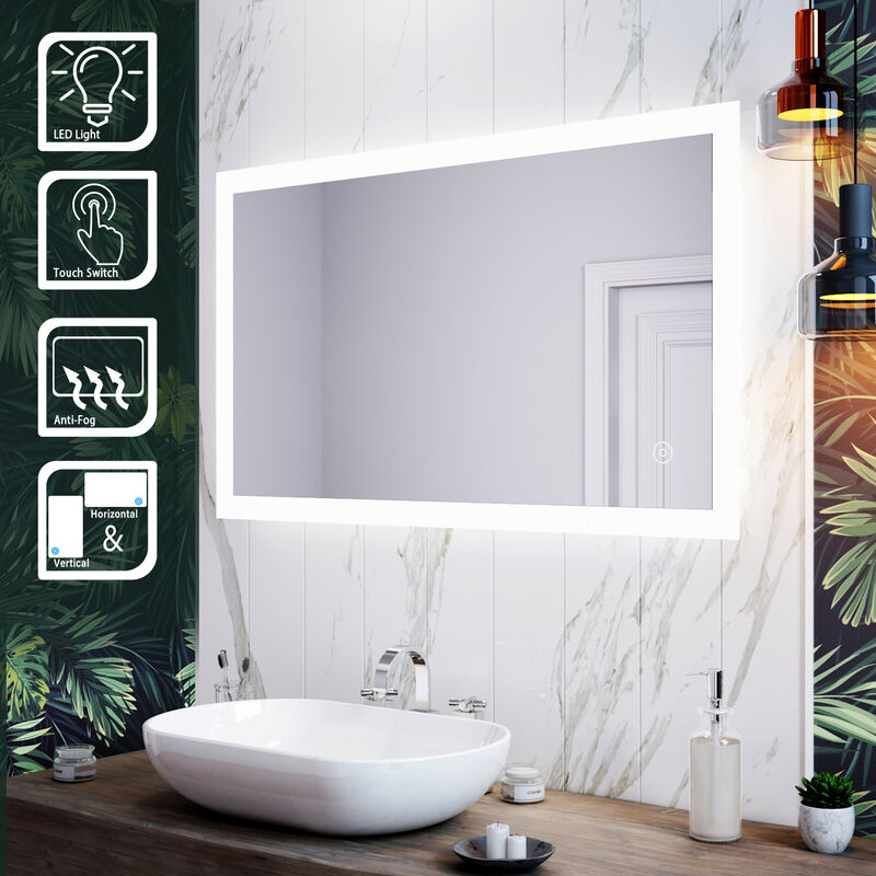 Specchio Da Bagno Luce Led Da Muro, Specchio Bagno Illuminato 100 X 60 Cm Con Touch Control E Anti Appannamento, Specchio Da Parete Moderno Impermeabile Ip44 - Rettangolo - Sirhona