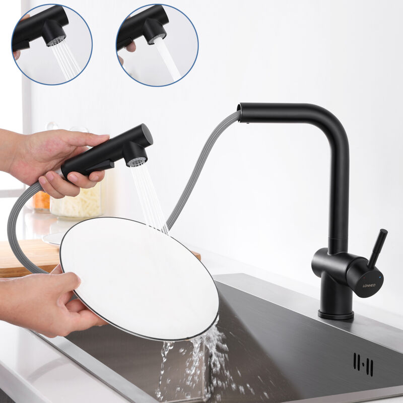 Lonheo Estraibile Rubinetti Cucina 40cm Nero, Girevole A 360 Rubinetto Per Cucina, 2 Funzioni Miscelatore Cucina, Miscelatore Monocomando Per Cucina Acciaio Inossidabile Spazzolato