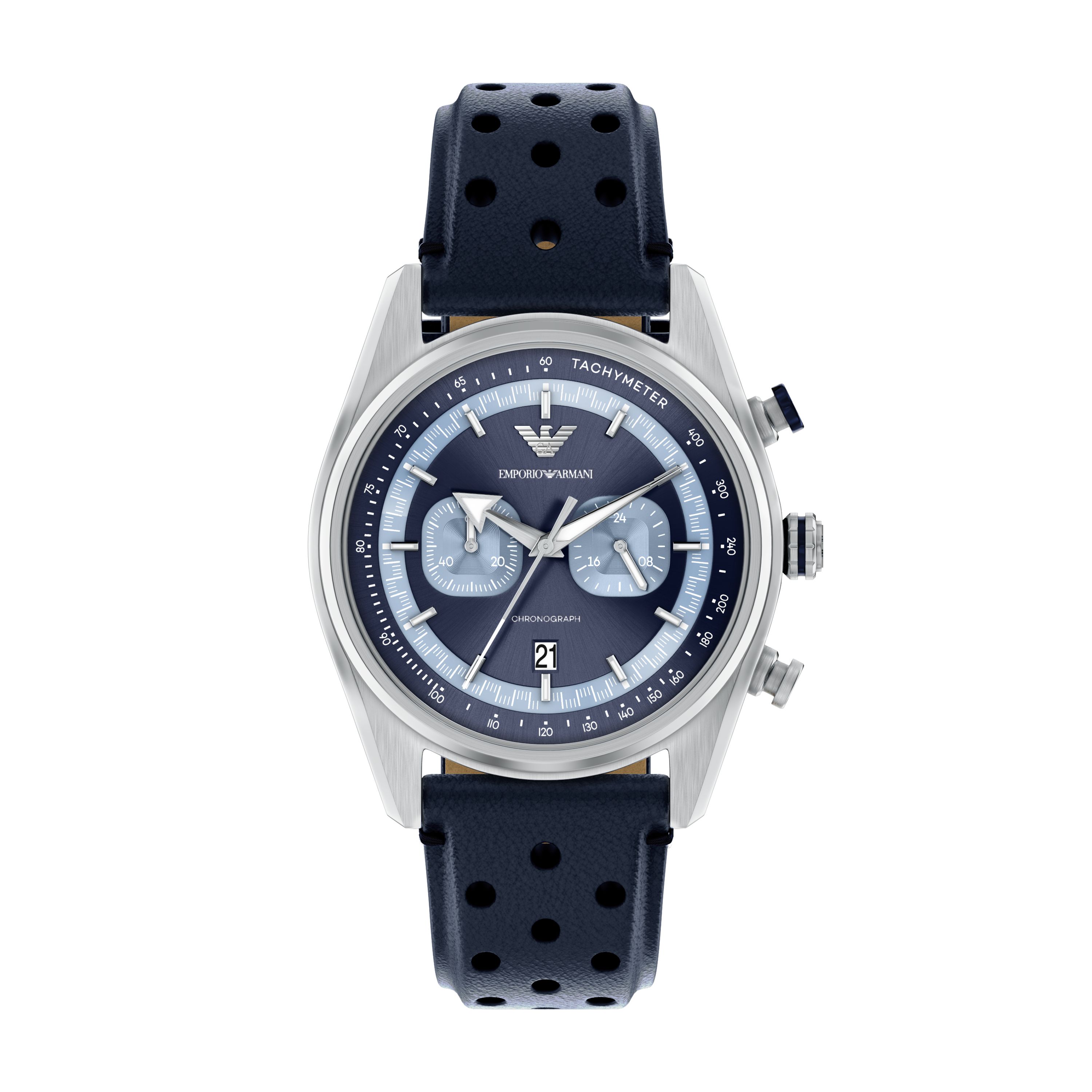 Chronograph EMPORIO ARMANI, blau (blau, silberfarben), Armbanduhren, Herren, Chronograph, Quarzuhr, Armbanduhr, Herrenuhr, Lederarmband, analog, Tag
