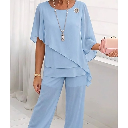 Damen Zweiteilige Sets Chiffon Kurzarm Schmetterling Quadrathals Einfarbig Einfach Geschichtet Elegant Formell Hochzeitsgast Alltagstauglich Blau Himmelblau Sommer Normale Passform Image