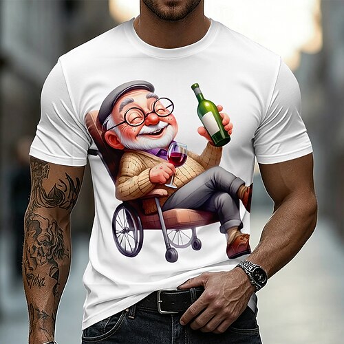 Herren-T-Shirt mit lustigem 3D-Cartoon-Motiv: Glücklicher alter Mann im Rollstuhl trinkt Wein. Perfekt als Geschenk zur Ruhestandsfeier für Opas, Weinliebhaber und Designer-Bekleidung. Image