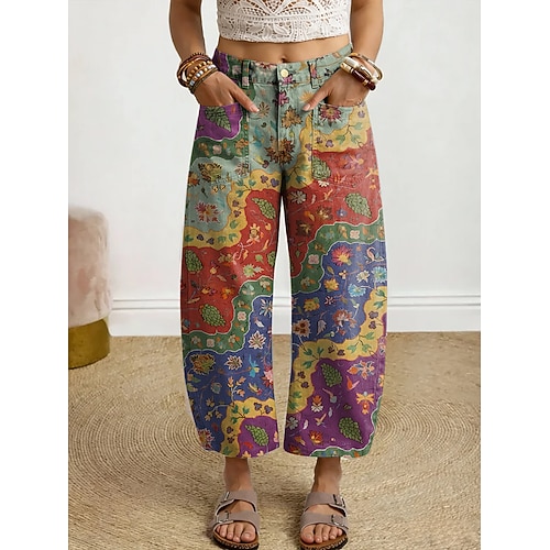 Damen Weites Bein Stoffhosen Abgeschnittene Hose Urlaub Vintage Lässig Knöchellang Hohe Taille Grafik Geometrisches Muster Drucken Bequem Komfort Atmungsaktivität Unelastisch Täglich Outdoor Straße Image