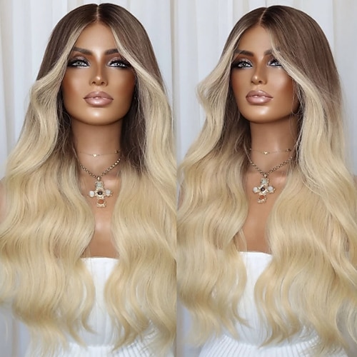 Echthaar 5x5 Verschluss 13x4 Spitzenfront Perücke Mittelscheitel Brasilianisches Haar Gewellt Blond Mehrfarbig Perücke 150% 180% Haardichte Ombre-Haar Hervorgehobenes / Balayage-Haar Natürlicher Image