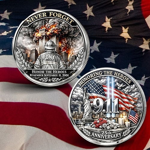 Gedenkmünze der USA zum 11. September, zu Ehren der New Yorker Feuerwehr Helden, patriotische Flagge Gedenkmotiv, Sammlermünze zum 25. Jahrestag, Erinnerung an den 11. September 2001 Image