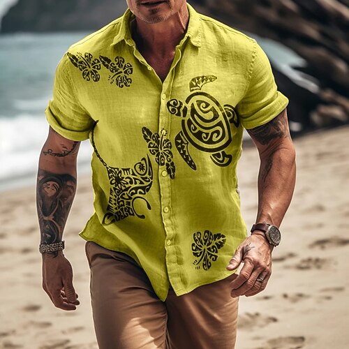 Herren Leinenhemd Sommerhemd Strandbekleidung Knopfhemd Schildkröte Strand Urlaub Blau Gelb Rote Grün Kurzarm Umlegekragen Sommer Frühling Bekleidung Image