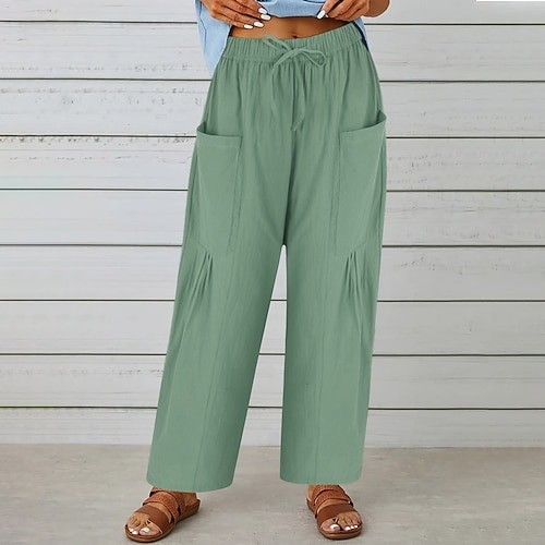 Damen Weites Bein Leinenhosen Hose Freizeithose Urlaub Mode Basic Volle Länge Mittlere Taillenlinie Einfach Kordelzug Plissiert Tasche Komfort Leicht Atmungsaktiv Unelastisch Täglich Urlaub Straße Image