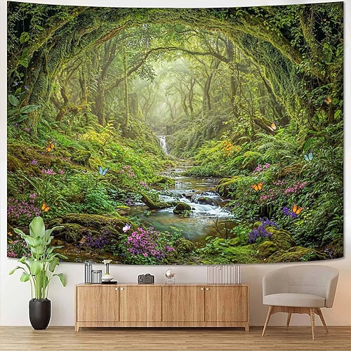 Natur-Wandteppich mit Waldmotiv, Sonnenstrahlen durch Bäume, Landschaftsmotiv, nebliger Wald, moosiger Kiefernwald, großes Stoffposter für Schlafzimmer, Wohnzimmer, Zen-Dekoration Image