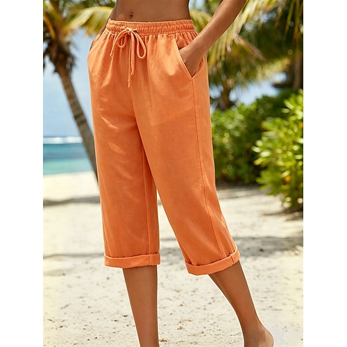 Damen Capri-Shorts Shorts aus Baumwollleinen Chinos Sommershorts Urlaub Streetwear Basic Knielang Mittlere Taillenlinie Einfach Kordelzug Tasche Komfort Bequem Atmungsaktiv Unelastisch Täglich Image