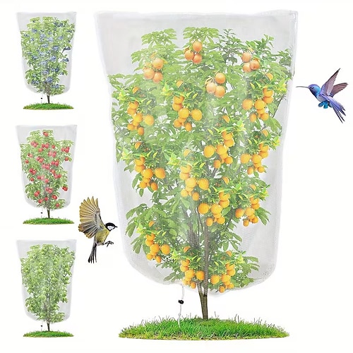 4er-Pack 60-Maschen-Pflanzenschutznetz mit Kordelzug, Insekten- und Vogelschutznetz, perfekt für Heidelbeersträucher, Tomaten, Gemüse, Bäume, Blumen und Sträucher Image