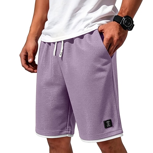 Herren Waffel-Shorts Shorts Freizeitshorts Patchwork Tasche Elastischer Bund Einfach Komfort Atmungsaktiv Knielang Lässig Outdoor Strand Urlaub Mode Blau Schwarz Mikroelastisch Image