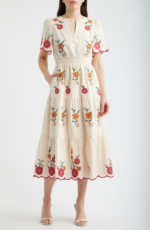 Embroidered Puff Sleeve Midi Dress - Natural - ZOE AND CLAIRE Dresses