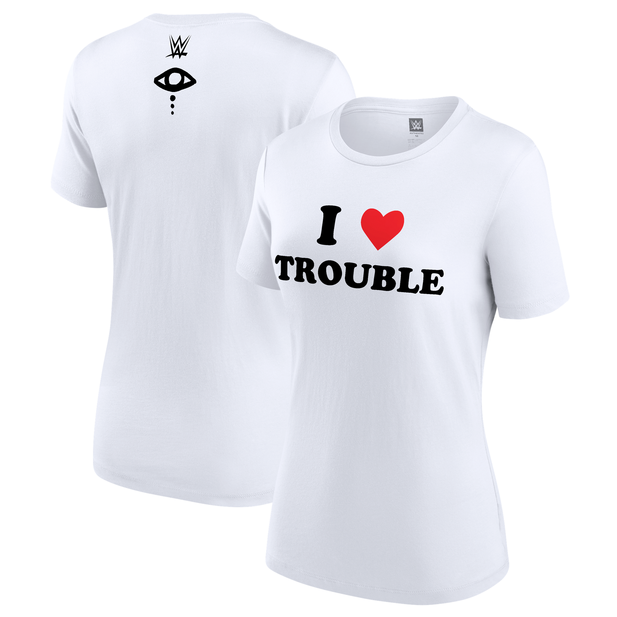 Weißes Damen-T-Shirt von Liv Morgan mit dem Aufdruck „I Love Trouble“