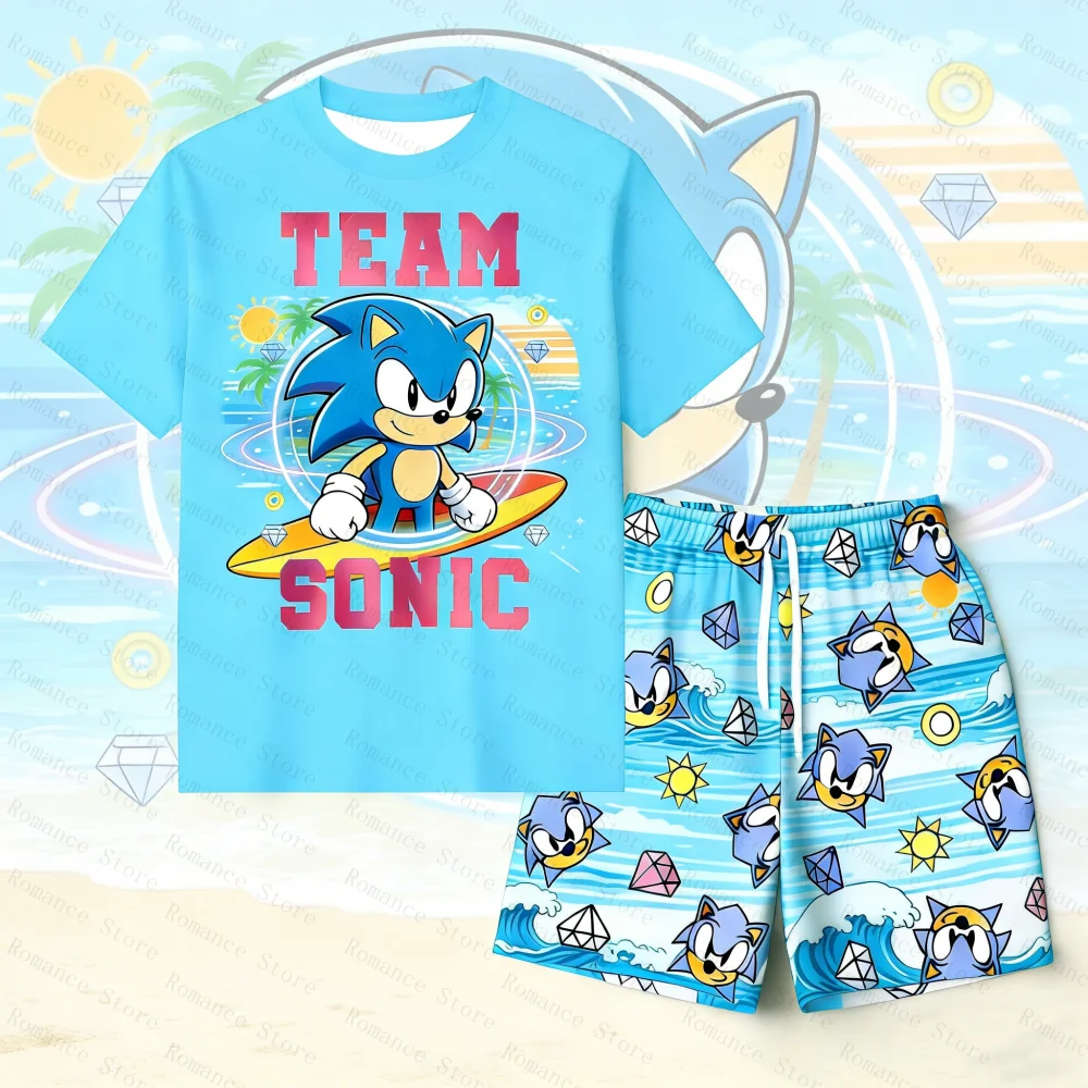 Offerta Speciale: Set Estivo Team Sonic per Bambini - T-shirt a Maniche Corte + Pantaloncini, Abbigliamento Casual con Cartoni Animati per Ragazzi e Ragazze, Set T-shirt per Donna