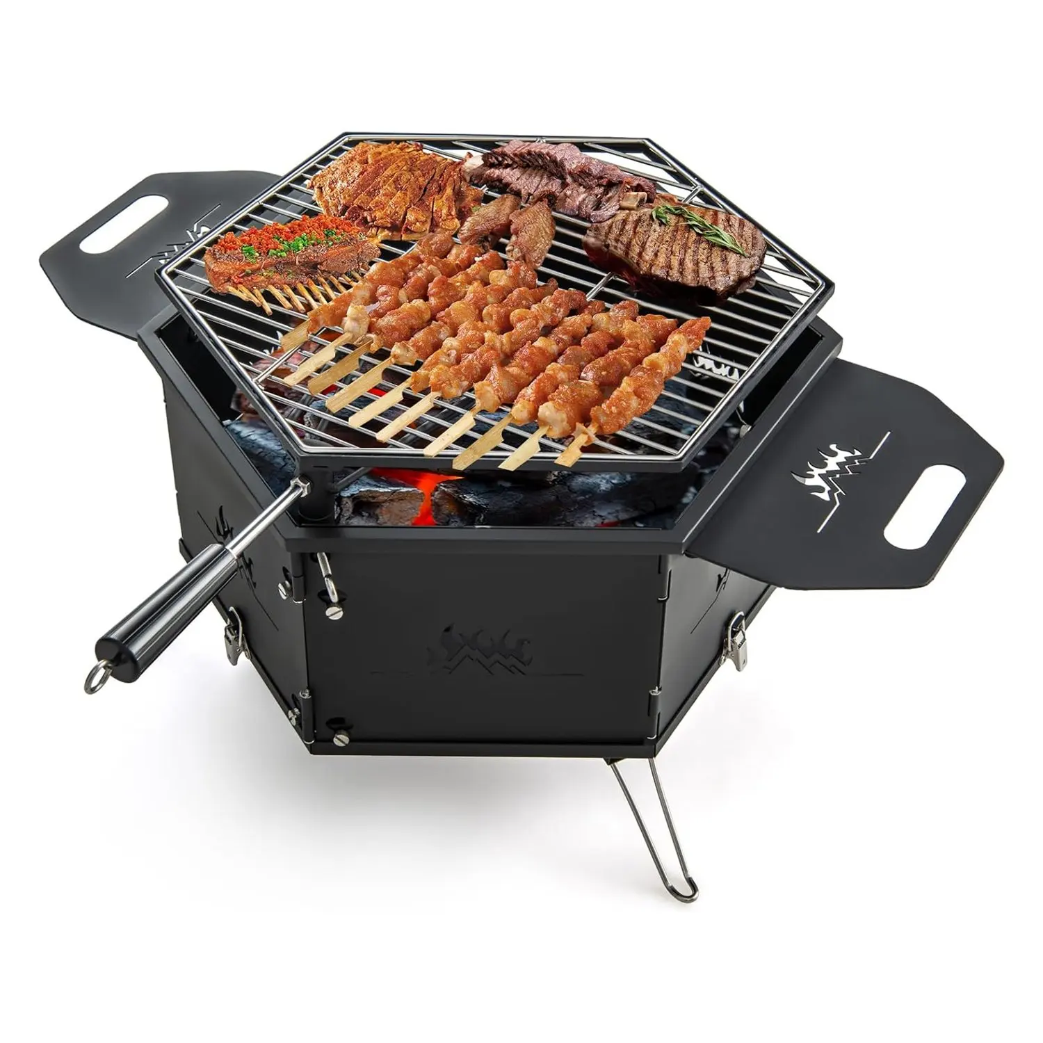 Grand barbecue au charbon de bois avec 360° de cuisson ° Grill rotatif, foyer 2 en 1, grill pliable, grill de camping avec poignées pour cuisiner et chauffer