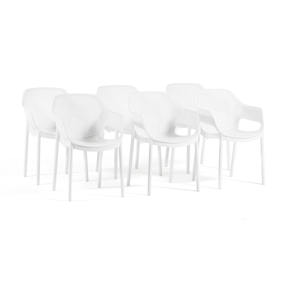 RATTATAN Set mit 6 Gartenstühlen mit Armlehnen stapelbar aus Polypropylen, durchbrochenes Design für Terrasse, Garten, Bar, Restaurant – Sofia / Weiß Image