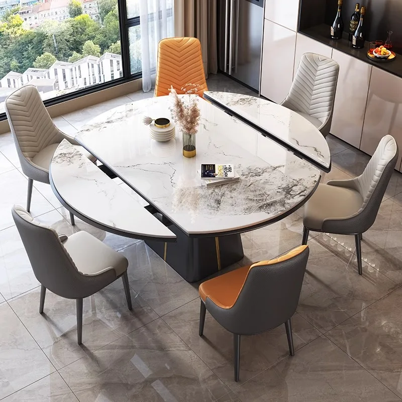 Luxuriöses Modernes Ausziehbares Klappbares Rundes Marmor-Holz-Esstisch-Set mit Stühlen, 4, 6, 8 Sitzplätze Esszimmermöbel-Designs