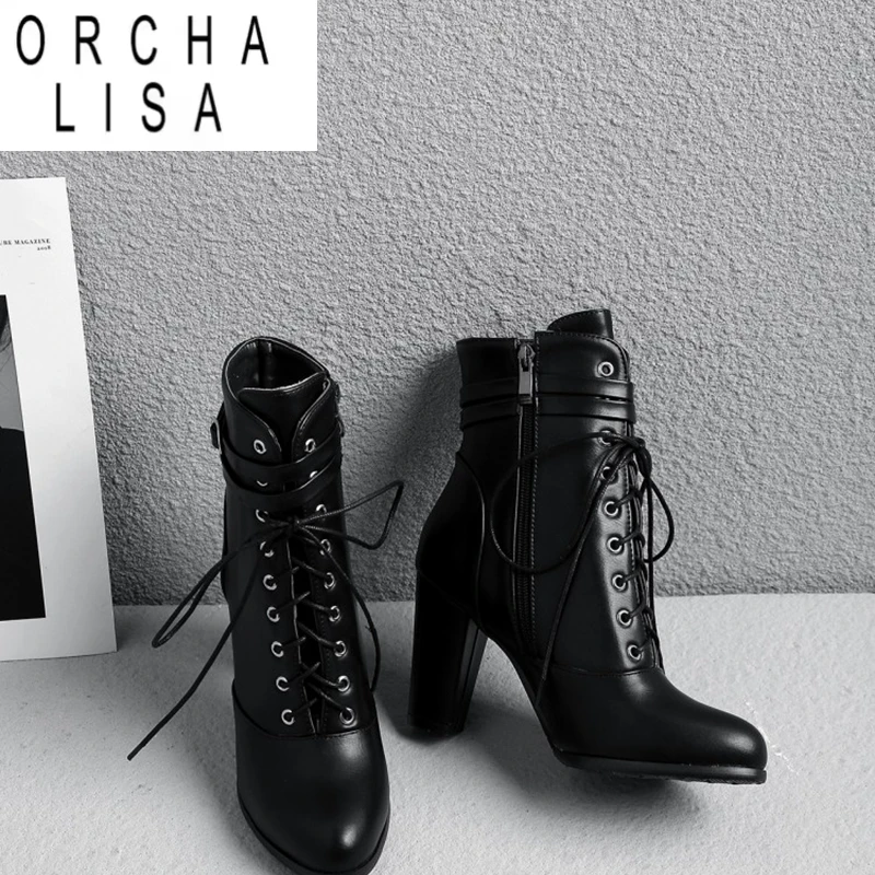 ORCHA LISA Herbst-Stiefel mit mittlerer Wade, spitze Zehenpartie, 9 cm Absätze, Schnalle, Kreuzbindung, große Größe 33–44, Schwarz, Club S1995