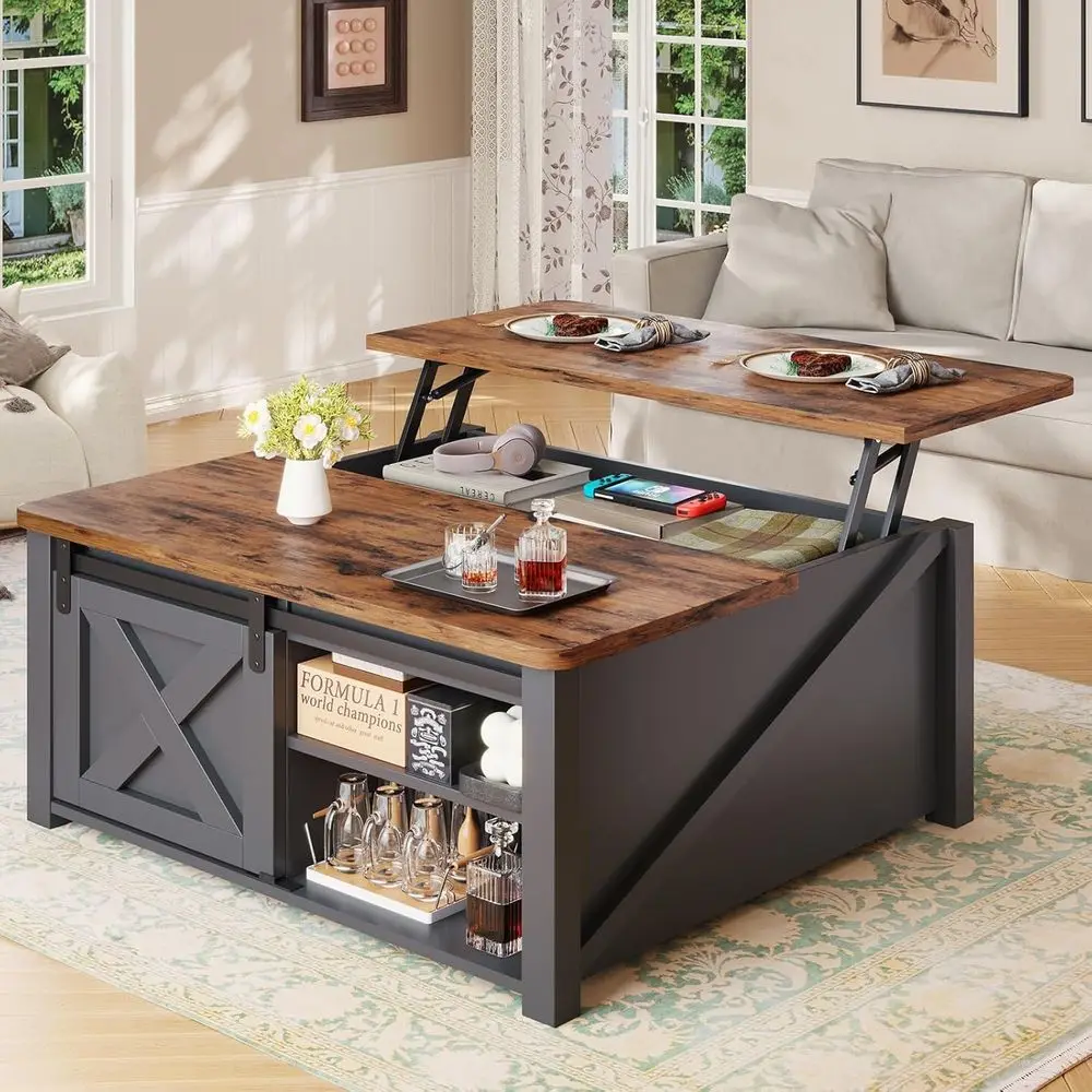 -Quadratischer Couchtisch im Landhausstil mit hochklappbarer Tischplatte und Stauraum, Schwarz*