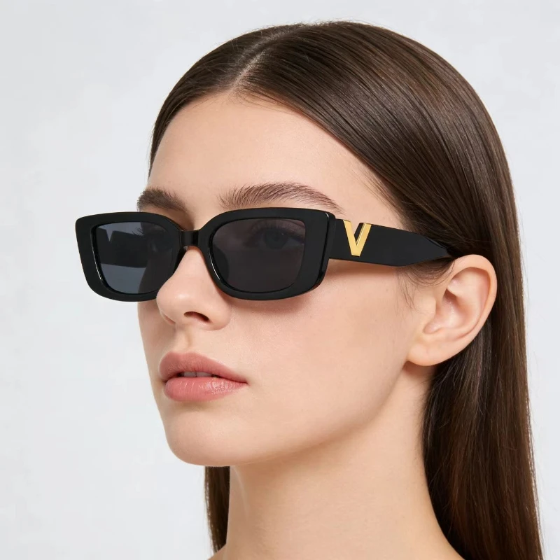Modische V-Logo Quadratische Sonnenbrille für Damen und Herren Retro Schmale Rechteckige Sonnenbrillen Vintage Trendige Schattierungen UV400-Schutz Image