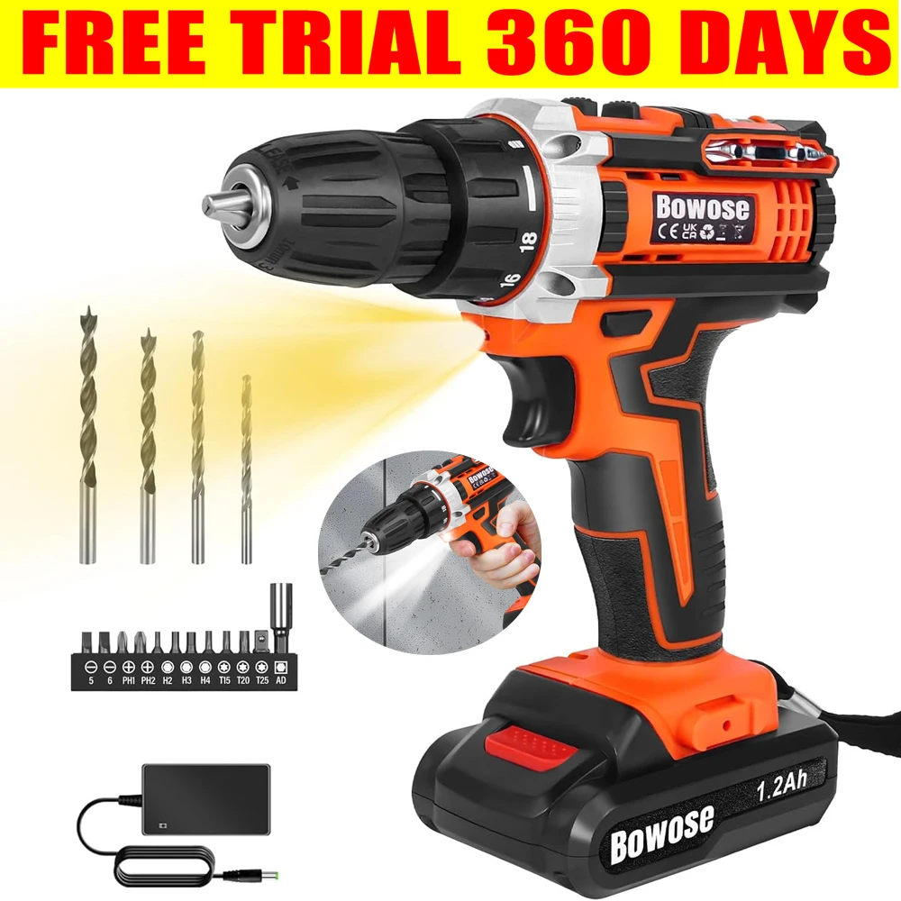 Set Trapano Avvitatore a Batteria 21V, Trapano Elettrico Combinato con Caricabatterie Rapido, Batteria Ricaricabile e Luce LED