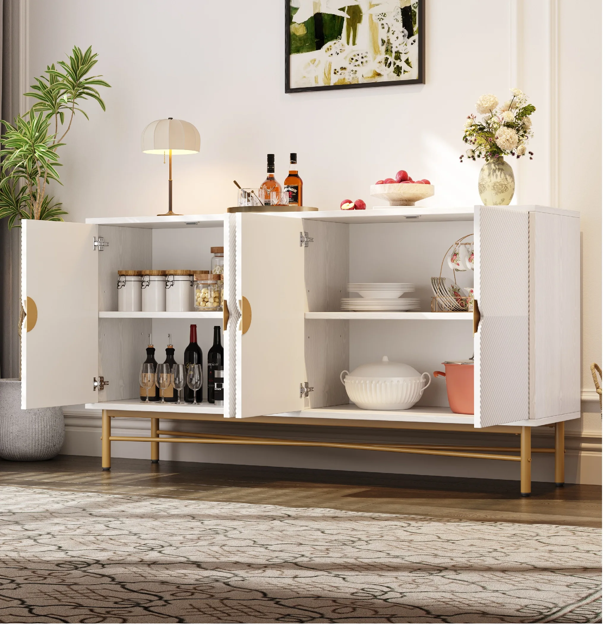 Credenza moderna 160×40×82 cm bianca lucida, finitura testurizzata, 4 ante con maniglie oro spazzolato, mobile contenitore contemporaneo